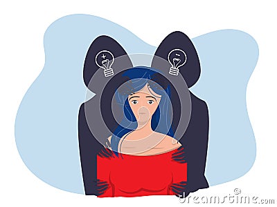 Woman fear and crying with imaginary ghosts flying around her Mental disorder and diseases, Vector Illustration