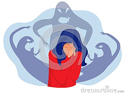 woman fear and crying with imaginary ghosts flying around her Mental disorder and diseases, Vector Illustration