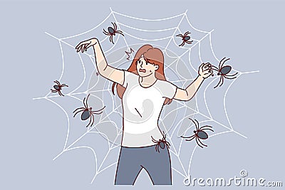Woman with fear spiders is terrified being entangled in cobweb and needs treatment for arachnophobia Vector Illustration
