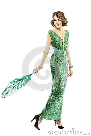 Woman feather in fashion retro sequin dress, luxury lady elegant Stock Photo