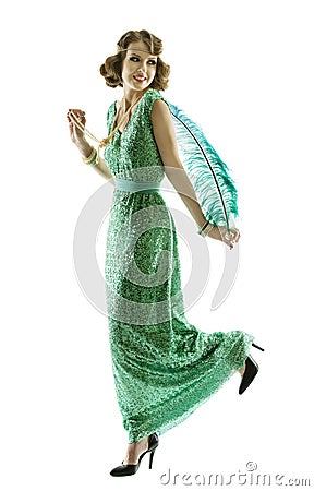 Woman feather in fashion retro sequin dress walking or dancing Stock Photo