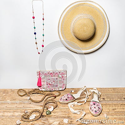 Woman fedora hat with bag and shoes Stock Photo