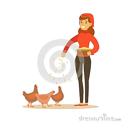 Woman Feeding Chickens, Farmer Working At The Farm And Selling On Natural Organic Product Market Vector Illustration