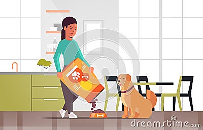 Woman feeding hungry labrador retriever girl giving her dog dry food granules domestic life with pet concept modern Vector Illustration