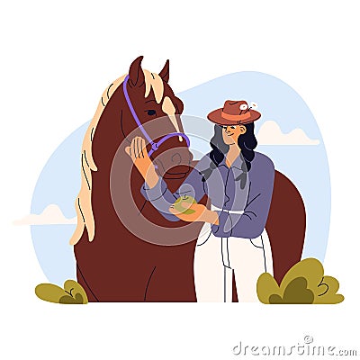 Woman feeds horse by apple. Stable worker cares about pet. Owner loves her mare. Domestic animal eating on ranch. Rural Vector Illustration