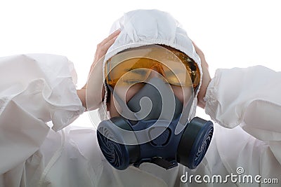 Woman feel strain in a chemical protective clothing and antigas mask with yellow glasses at isolated white background, Women Stock Photo