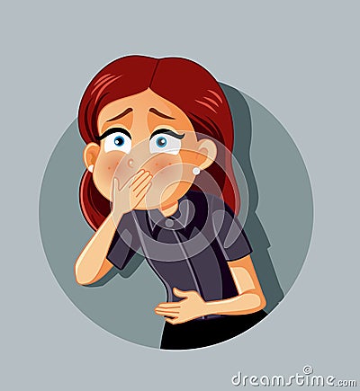 Woman Feeling Sick with Stomach Ache and About to Vomit Vector Illustration