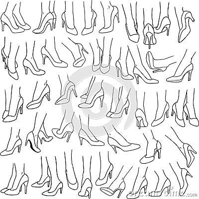 Woman Feet With High Heel Shoes Pack Lineart Vector Illustration