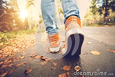 Woman Feet sneakers walking on fall leaves Outdoor Stock Photo