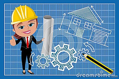 Woman Female Architect Thumb Up Blueprint Vector Illustration