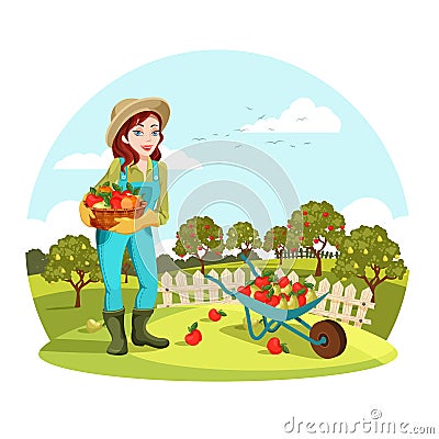 Woman or female gardener holding apples, pears Vector Illustration