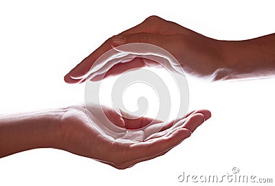 Woman or female hands cupped in a protection, protection, safety or safe concept symbol. Stock Photo