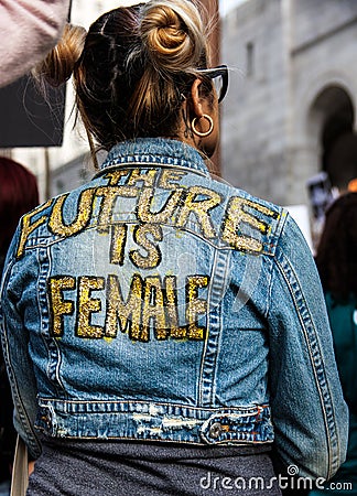 Woman with feminist message, Women`s March, Los Angeles Editorial Stock Photo