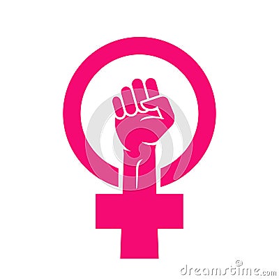 Woman feminist power fist female logo icon. Woman hand sign vector icon. Women fight protest symbol resist. Vector Illustration