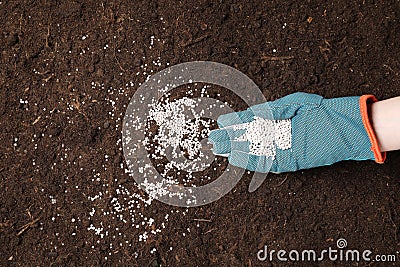 Woman fertilizing soil, closeup view Stock Photo