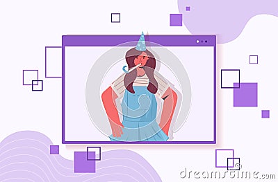 Woman in festive hat celebrating online birthday girl in computer window blowing in party blower Vector Illustration