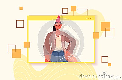 Woman in festive hat celebrating online birthday party girl in computer window having fun Vector Illustration