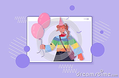 Woman in festive hat celebrating online birthday party girl in computer window holding pink balloons Vector Illustration