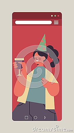 Woman in festive hat celebrating online birthday party happy girl in smartphone screen drinking wine Vector Illustration