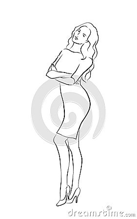 Woman figure with long wavy hair, black outline on white background Vector Illustration