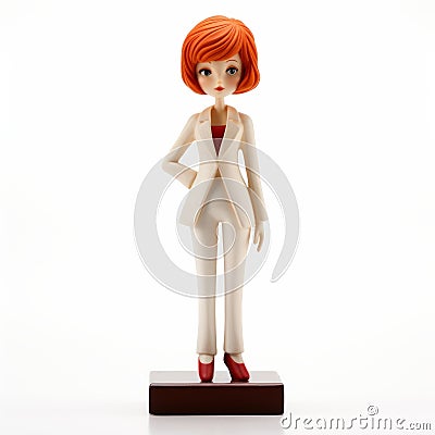 Elegant Salon Kei Figurine With Orange Hair And Grey Coat Stock Photo