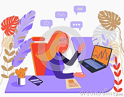 Woman financial analyst secretary or office worker wearing glasses works at the desk. Cartoon Illustration