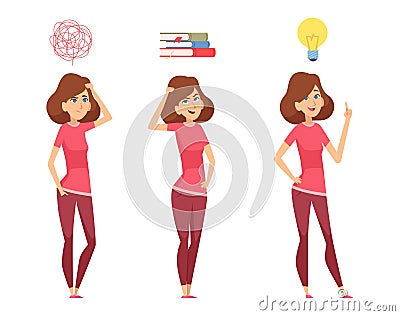 Woman find solution. Thinking girl, isolated female looking for answers to questions vector illustration Vector Illustration