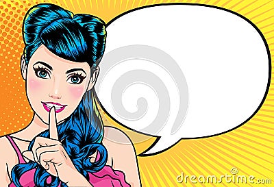 Woman with finger on lips says comic bubble Vector Illustration