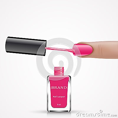 Woman finger with pink nail lacquer brush and bottle Vector Illustration