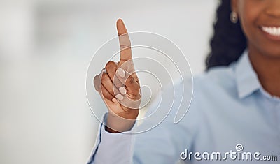 Woman finger press connection to user interface, ui system and login to internet access network, digital future and Stock Photo