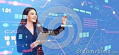 Woman finger touching data server processing information with binary Stock Photo