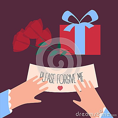 Hands and please forgive me note. Roses and gift Cartoon Illustration