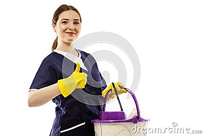 Woman finished cleaning showing a happy thumbs up after a successful spring cleaning. Stock Photo