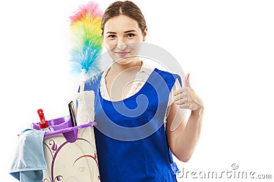 Woman finished cleaning showing a happy thumbs up after a successful spring cleaning.on white background Stock Photo