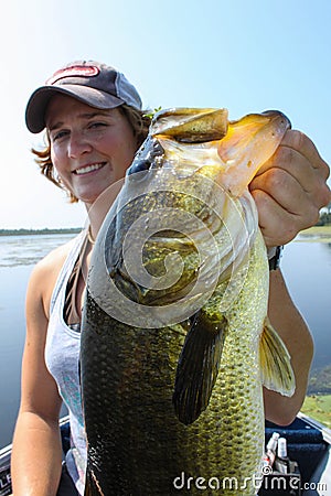 Woman Fishing Large Mouth Bass Attractive Stock Photo
