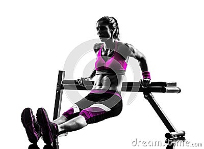 Woman fitness bench press push-ups exercises silhouette Stock Photo
