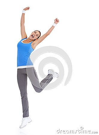 Woman, fitness celebration and yes in studio for exercise, workout achievement and body goals or dance. Sports model Stock Photo