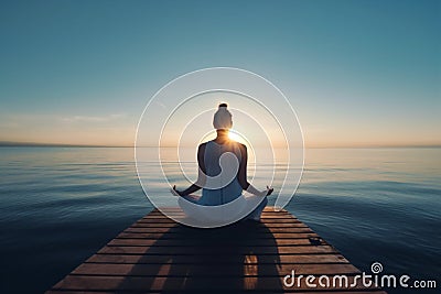 woman fitness lifestyle young activity ocean lotus sea pose yoga pier summer. Generative AI. Stock Photo