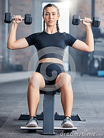 Woman, fitness and weightlifting in wellness gym for healthcare motivation and bodybuilding. Weight training, healthy Stock Photo