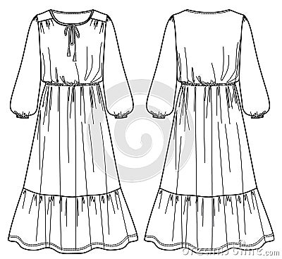 woman flared round neck long dress technical drawing Vector Illustration