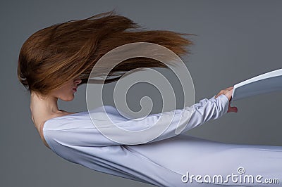 Woman floating in the air Stock Photo