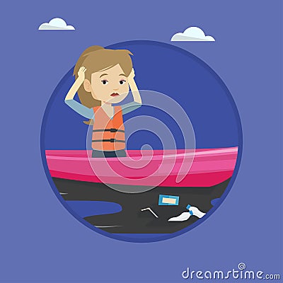 Woman floating in a boat in polluted water. Vector Illustration