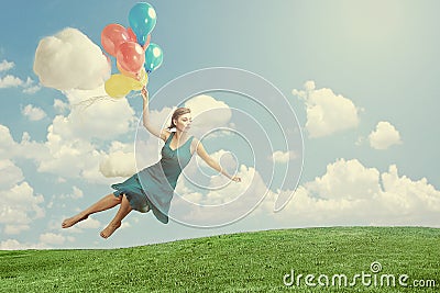 Woman Floating like Levitation Fantasy Image Stock Photo