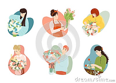 Woman florist shop owner compose bouquet for sale set Vector Illustration