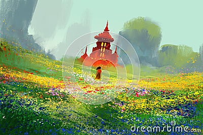 Woman in flower fields next to red castle and mountain Cartoon Illustration