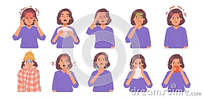 Woman with flu, cold symptoms set. Headache, nausea, runny nose and sore throat, cough. Sick girl Cartoon Illustration