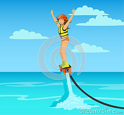 Woman flyboarding. summer beach sea extreme water sport Vector Illustration