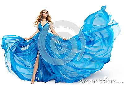 Woman Flying Blue Dress, Fashion Model Dancing in Long Waving Gown, Fluttering Fabric on White Stock Photo