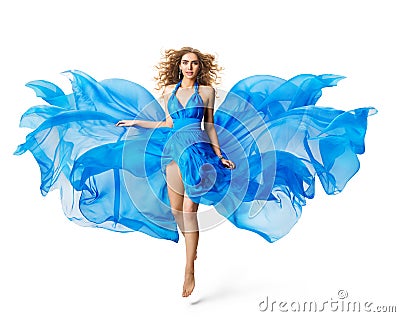 Woman Flying Blue Dress, Fashion Model levitating in Silk Gown Waving Cloth on White Stock Photo