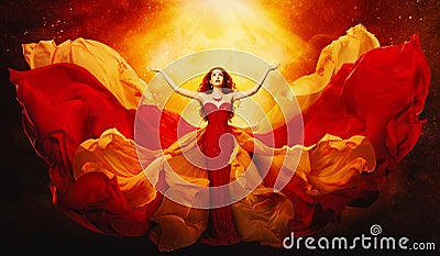 Woman in Flying Dress Raised Arms to Mystery Light, Girl in Red Gown Stock Photo